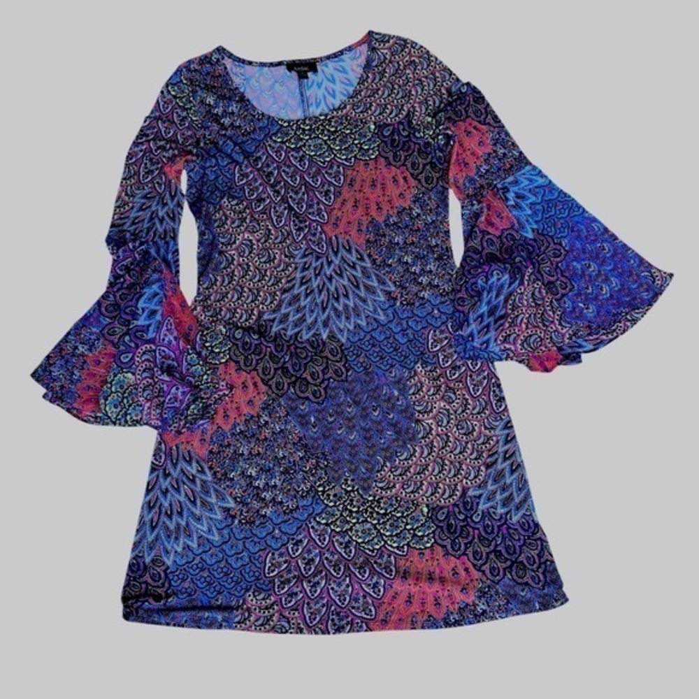 MSK Bell Sleeve Shift Dress - Blue Purple Paisley - Womens Size Medium